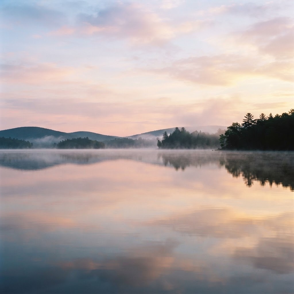 Still water at first light, mist on the surface